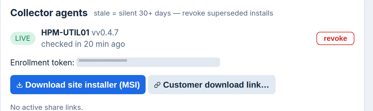 The Collector agents box on a site page: a LIVE collector row with hostname, version and last check-in, the installer download button, and the Customer download link button.