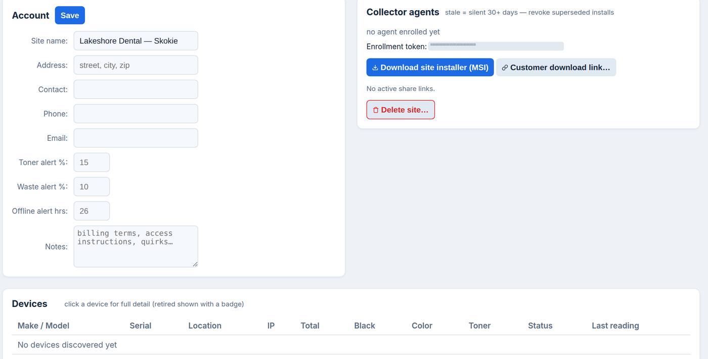 A brand-new site page: the Account panel with name, address, contact and alert threshold fields; the Collector agents box with Download site installer (MSI) and Customer download link buttons; and No devices discovered yet.