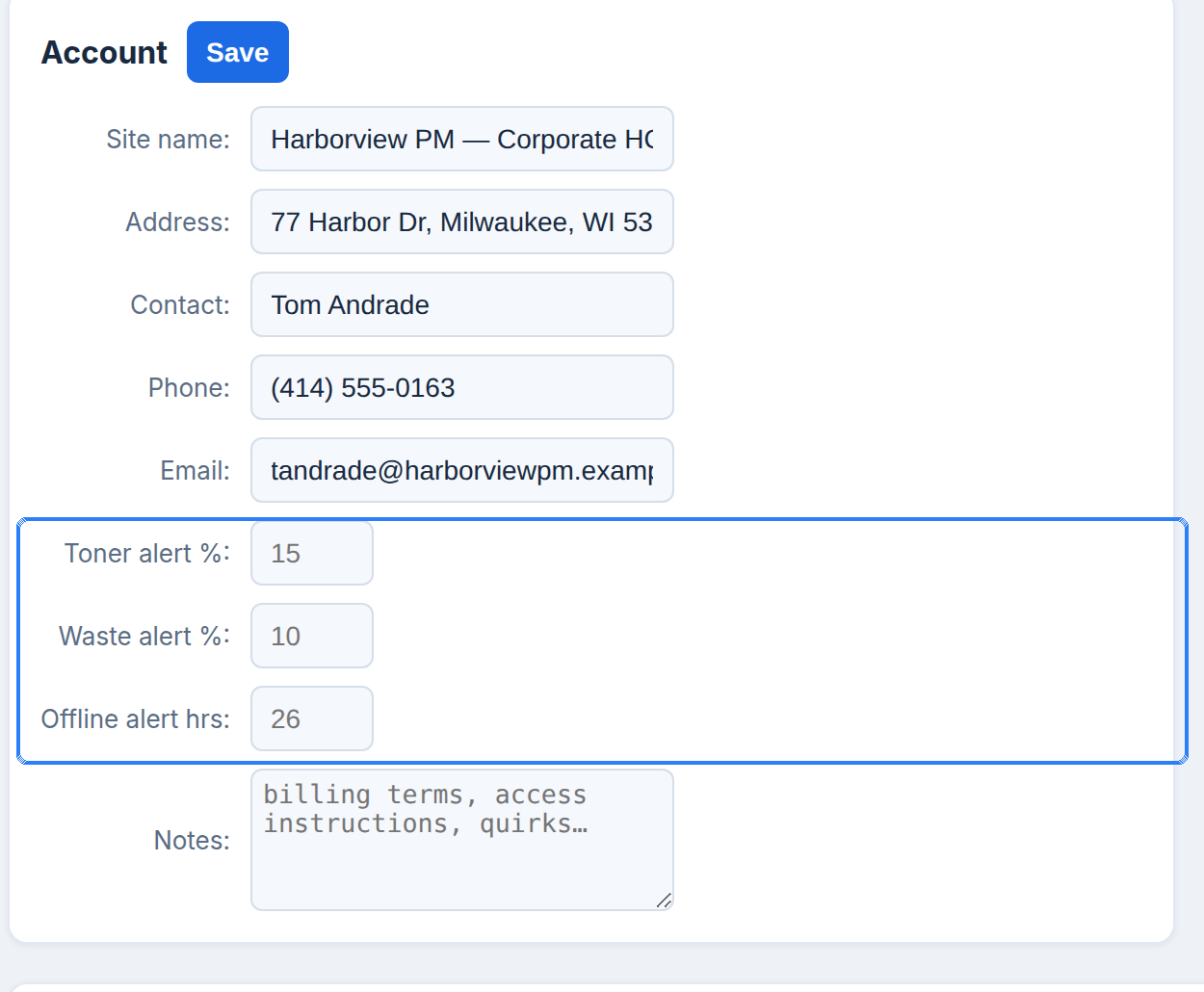 The Account panel on a site page: site name, address, contact, phone and email, then the Toner alert %, Waste alert % and Offline alert hrs fields, and a Notes box.